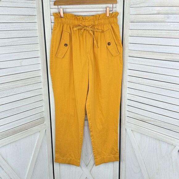 Loft High Rise Paper Bag Straight Leg Crop Pants Yellow Small Elastic Baggy - Picture 1 of 14